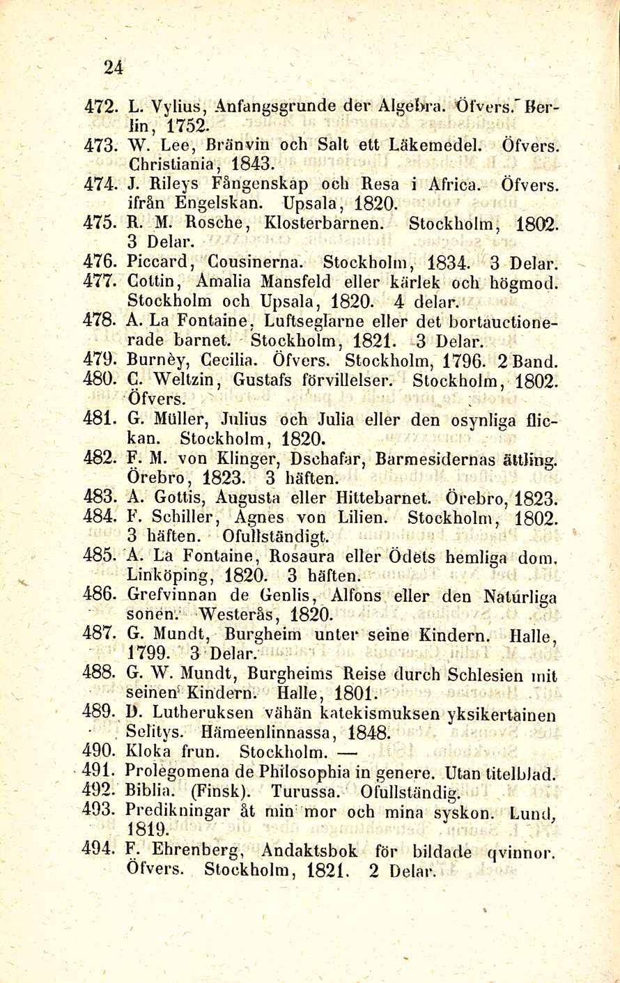24 472. L. Vylius, Anfangsgrunde der Algebra. Öfvers.*Berlin, 1752. 473. W. Lee, Bränvin och Sait ett Läkemedel. Öfvers. Christiania, 1843. 474. J. Rileys Fångenskap och Resa i Africa. Öfvers. ifrån Engelskan.