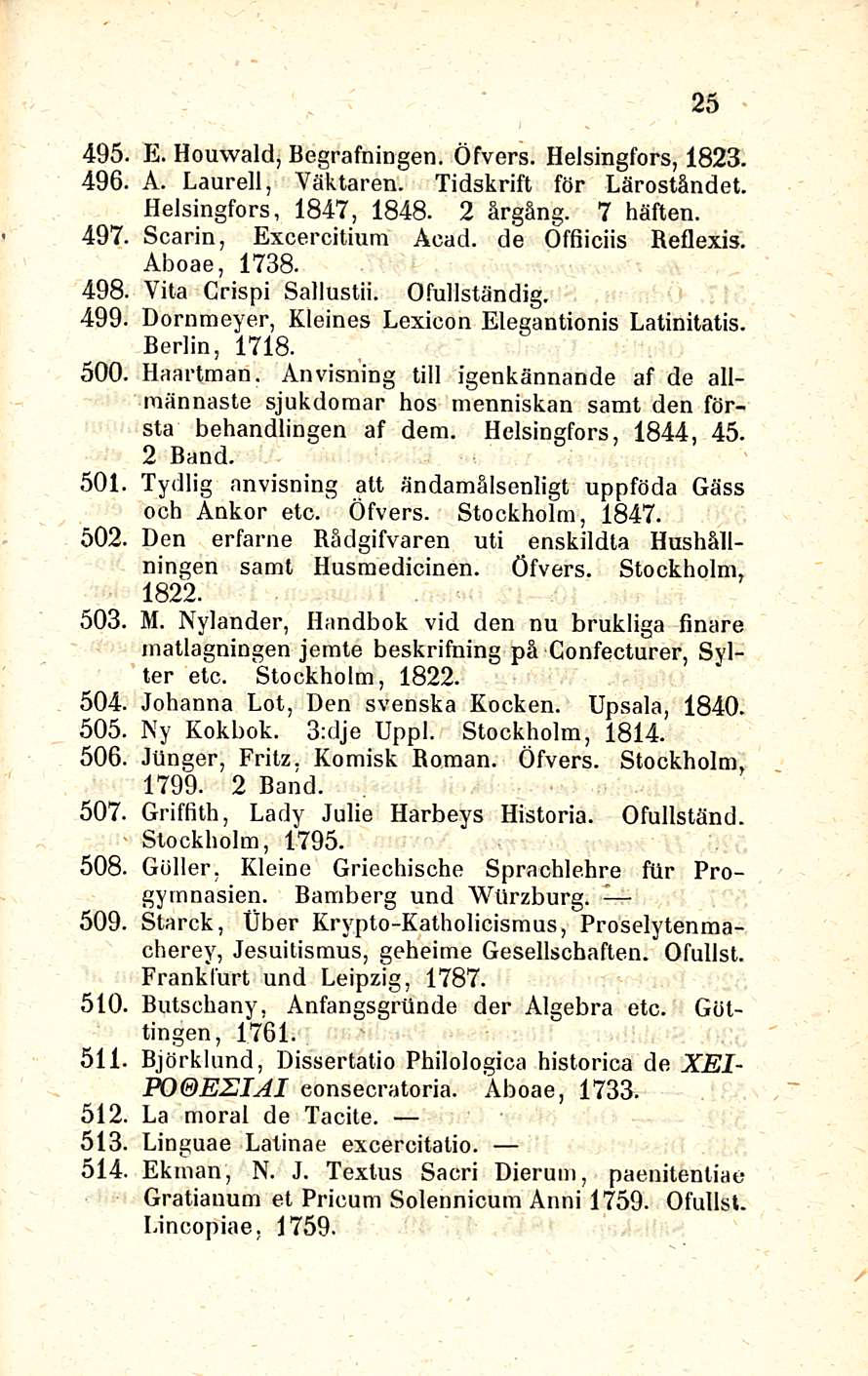 25 495. E. Houwald, Begrafningen. Öfvers. Helsingfors, 1823. 496, A. Laurell, Väktaren. Tidskrift för Läroståndet. Helsingfors, 1847, 1848. 2 årgäng. 7 häften. 497. Scarin, Excercitium Aead.