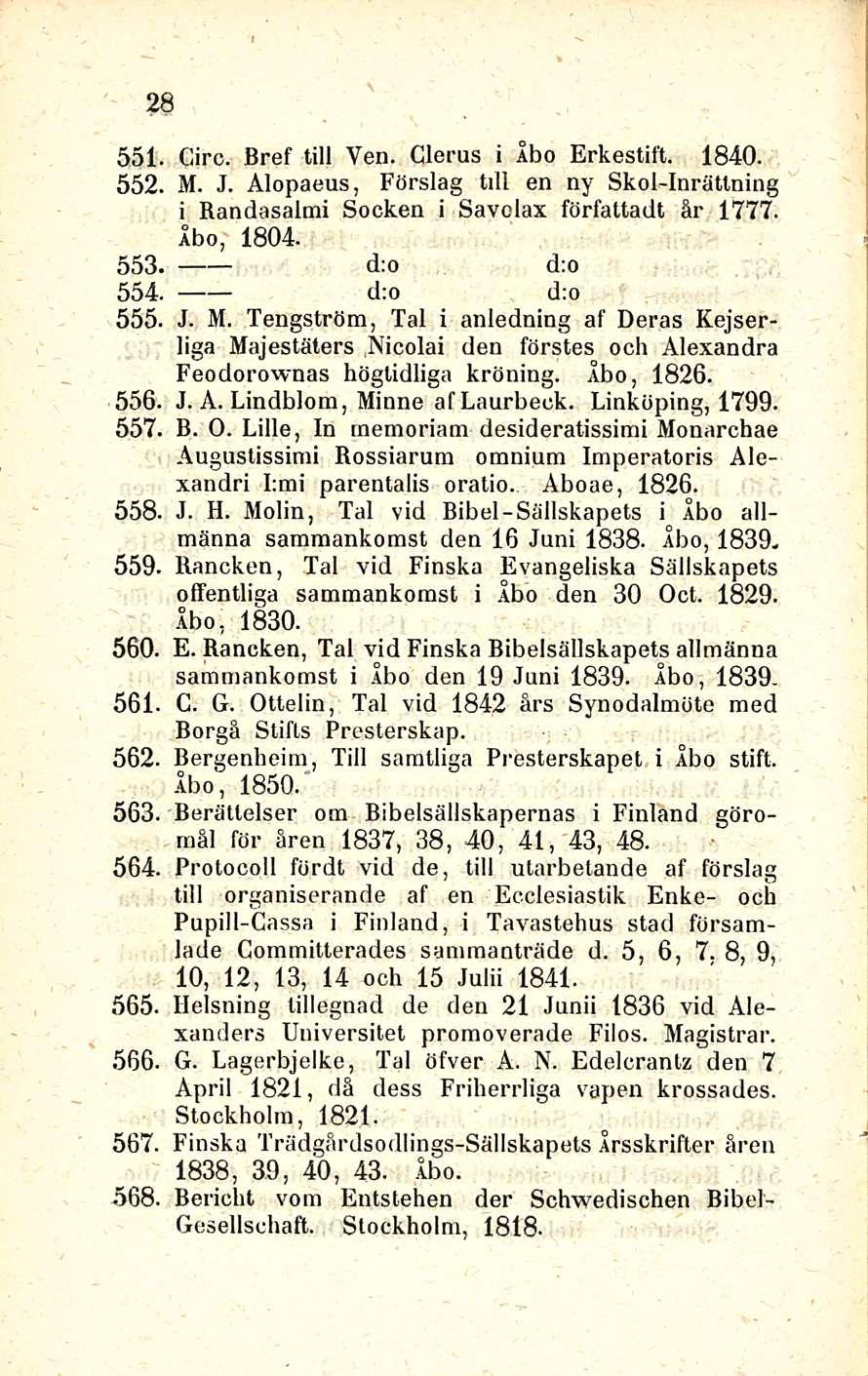 28 551. Circ. Bref tili Ven. Clerus i Åbo Erkestift. 1840. 552. M. J. Alopaeus, Förslag tili en ny Skol-Inrällning i Randasalmi Socken i Savclax författadt år 1777. Åbo, 1804. 553. d:o d:o 554.