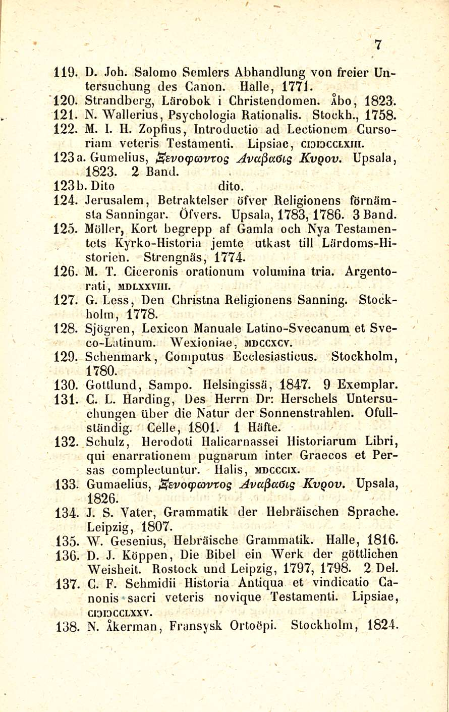 119. D. Joh. Salomo Semlers Abhandlung von freier Untersuchung des Canon. Kalle, 177J. 120. Strandborg, Lärobok i Christendomen. Åbo, 1823. 121. N. Wallerius, Psychologia Rationalis. Stockh., 1758.