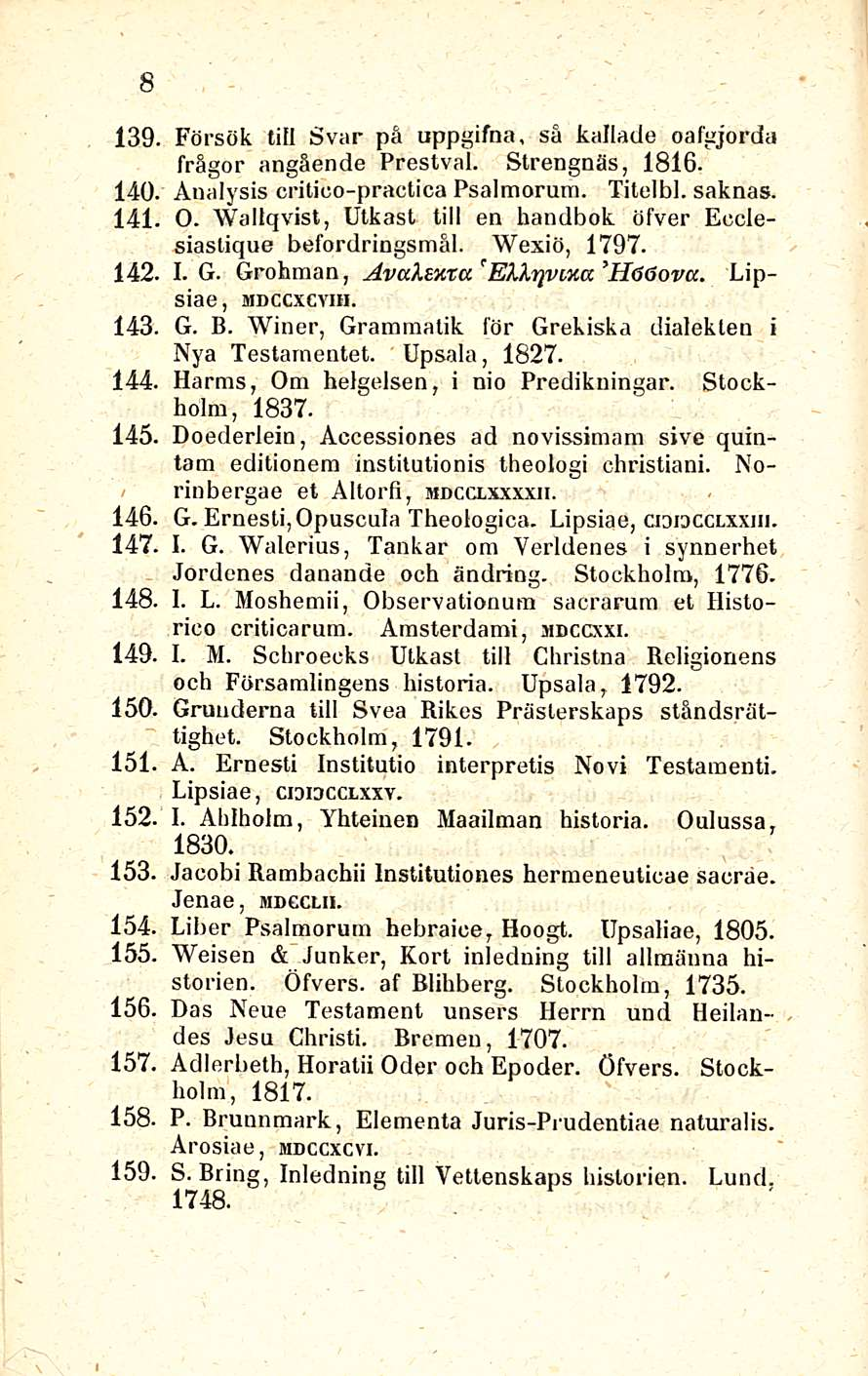 8 139. Försök tili Svar pä uppgifna, så kallade oafgjorda frägor angående Prestval. Strengnäs, 1816. 140. Analysis critico-practica Psalmorum. Titelbl. saknas. 141. 142. 0.