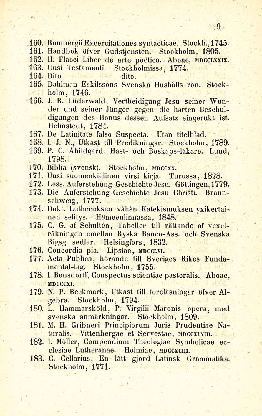 160. Rombergii Excercitationes syntaclicae. Stockh., 1745. 161. Handbok öfver Gudstjensten. Stockholm, 1805. 162. H. Flacci Liber de arte poetica. Aboae, mdcclxxix. 163. Uusi Testameuti.