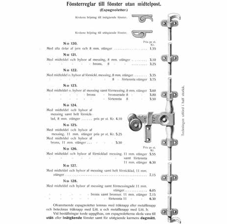 9. STÄNGNINGS- OCH UPPSTÄLLNINGSBESLAG FÖR INÅTGÅENDE FÖNSTER Beslag Sent 1800-tal Sid Tidigt 1900-tal Sid 1900-tal Sid Fönsterklinka 5087 88 5087, 5140, 5142 87, 88 5050, 5140, 5142, 5167 Hake 5143,