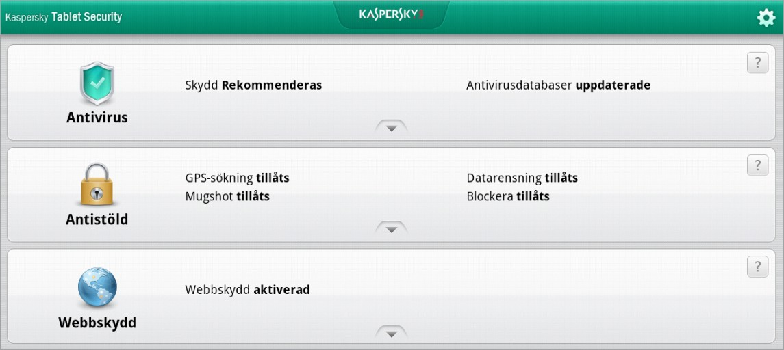P R O G R A M G R Ä N S S N I T T Huvudfönstret visar tre block, som motsvarar programmets komponenter: Antivirus, Stöldskydd och Webbskydd. Varje block kan utökas eller komprimeras.