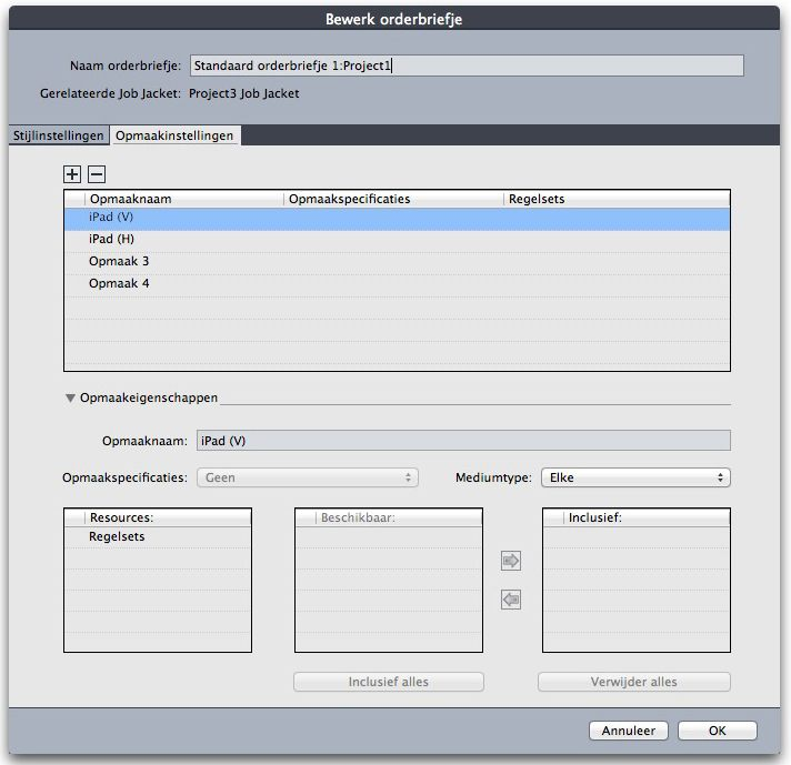 JOB JACKETS Du kan tilldela en layout i det aktiva projektet en layoutspecifikation i dialogrutan Redigera Job Ticket (Arkiv > Job Jackets > Modifiera Job Ticket).