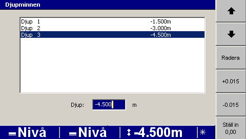 4 Använda 2D-styrning i fält Funktionsknapparnas etiketter visar vilket modellnummer som valts, och denna modells djup och lutning.