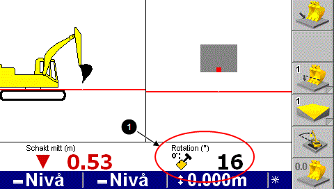 4 Använda 2D-styrning i fält Textobjekt för hyttrotation Ett textobjekt för rotation (1) visas när du använder en hyttrotationssensor.