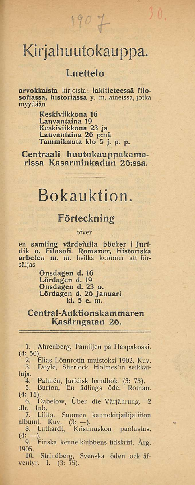 Kirjahuutokauppa Luettelo arvokkaista kirjoista: lakitieteessä filosofiassa, historiassa y. m.