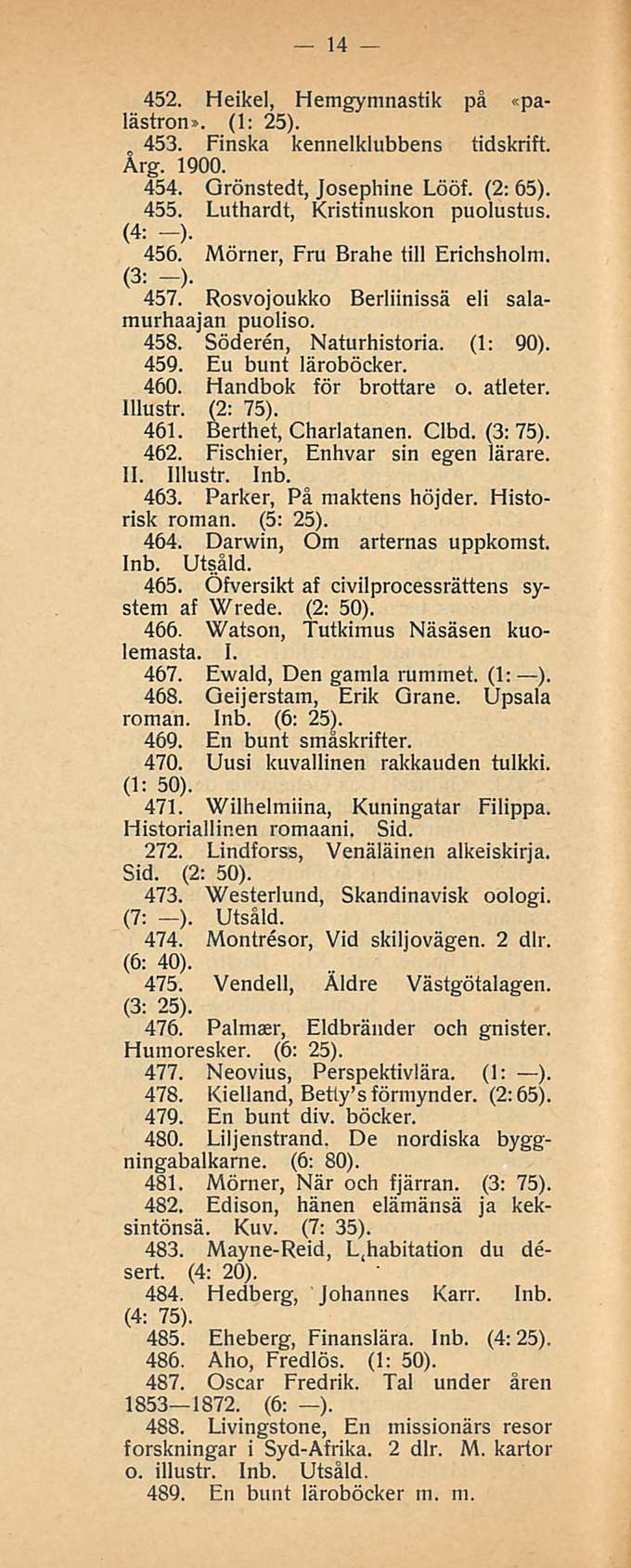 , 453. 14 452. Heikel, Hemgymnastik på «palästron». (1: 25). Finska kennelklubbens tidskrift. Årg. 1900. 454. Qrönstedt, Josephine Lööf. (2: 65). 455. Luthardt, Kristinuskon puolustus. (4: -). 456.