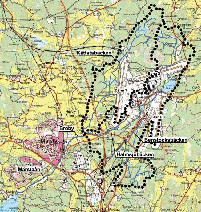 Hydrologi 2011-04-20 7 Påverkan på vattensystem.doc 7.2 Hydrologi och grundvattenförhållanden Hydrologi Stockholm Arlanda Airport är i sin helhet belägen inom Märstaåns avrinningsområde.