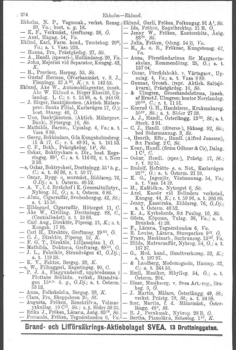 274 EkholmEklund. Ekholm, N. P., Vagnmak., verkst. Rensg. Eklund, Gurli, Fröken, Folkungag. 91A.l, Sö. 30, Va.; bost, s. g. 18.. Ida, Fröken, Engelbrektsg. 31 B, O. K. F., Verkmäst., Greftureg. 38, O.