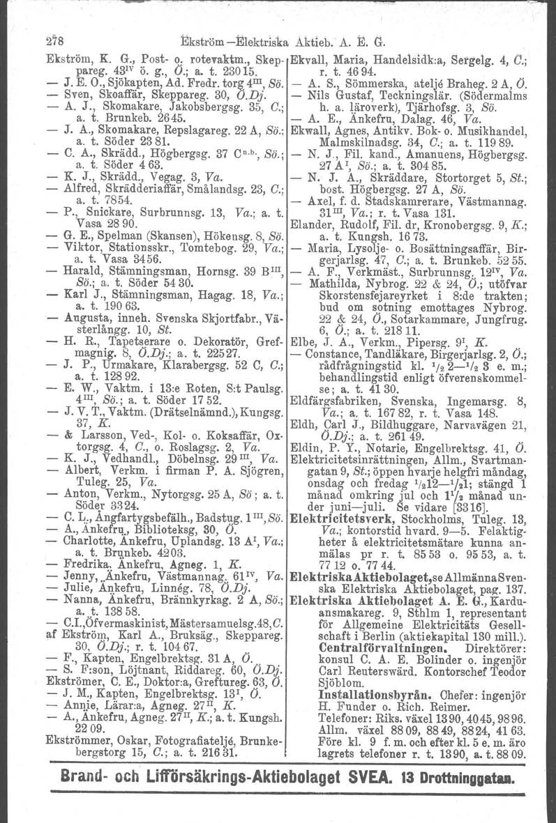 2~$ EkströmElektriska Aktieb. A. E. G. Ekström, K. G., Post o, rotevaktm., Skep Ekvall, Maria, Handelsidk.a, Sergelg. 4, O.; pareg. 43 lv ö. g., Ö.; a. t. 23015. r. t. 4694... J. E. O., Sjökapten, Ad.