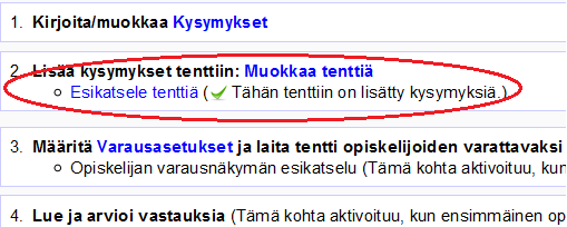 2.2.5 Ordningsföljd på frågor, flytta frågor mellan kategorier (1) De färdiga frågorna blir synliga i en lista där du kan förhandstitta, redigera eller radera dem vid behov (1).