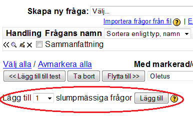 2.3.1 Lägg frågor till tenten I "Test"-fliken, välj i rullgardinsmenyn kategorin (kursen/temat/verket) från vilket du vill ha frågor till tenten.