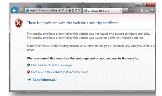 Beror på att: Tillit inte finns till certifikatutgivaren Webbsidan har ett certifikat som inte är betrott eller som är förfalskat och utfärdat av en annan utfärdare.