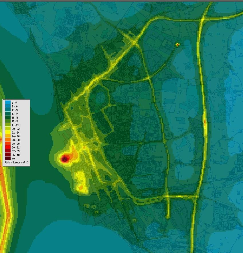 Figur 6.1. beräknade NO 2-halter på 2 m nivå för Helsingborgsområdet. Enhet är g/m 3.