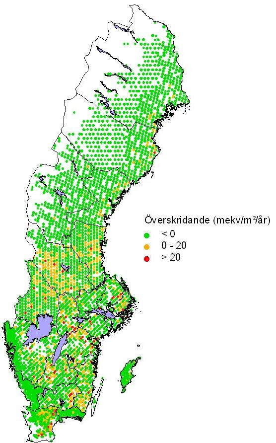 Figur 3. Överskridande av kritisk belastning av aciditet i skogsmark, baserat på kriteriet BC/Alkvot (kvoten mellan baskatjoner och oorganiskt aluminium) och den kritiska gränsen 1.