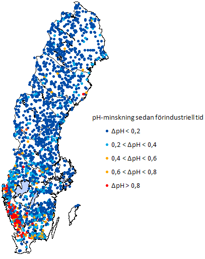 Figur 7. Sjöar (> 1 ha) i olika påverkansklasser för år 2005, utifrån deras bedömda ph-minskning sedan förindustriell tid.