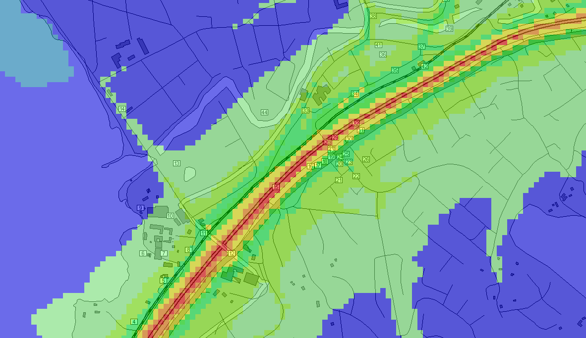 Figur 38. 98-percentilen av dygnsmedelvärdet av kvävedioxid i nuläget, men med en ny trafikplats med 90 km/h på E 20. Figur 39.