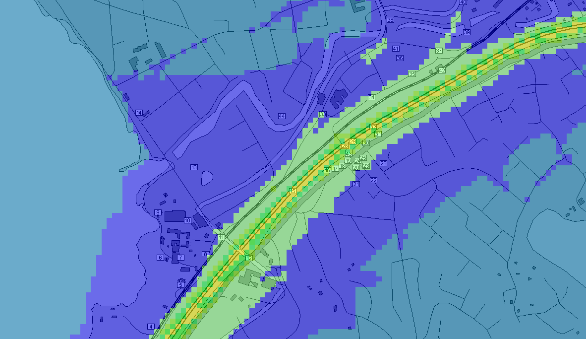 Figur 48. 98-percentilen av dygnsmedelvärdet av kvävedioxid år 2020 utan trafikplats med 90 km/h på E 20. Figur 49.