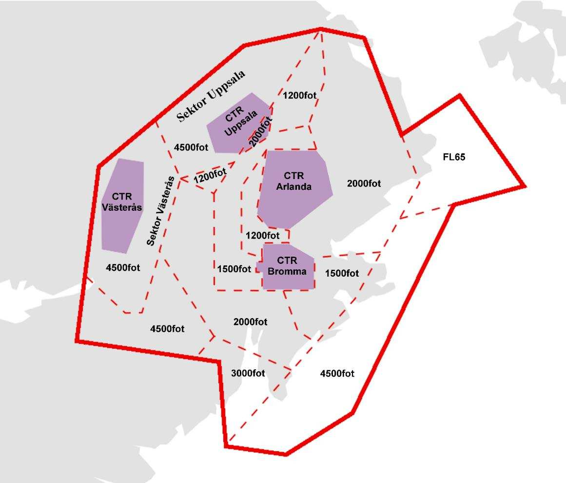 Figur 2. Luftrummet Stockholm TMA. Baserad på LFV (2016a) och LFV (2016b). Röda, solida linjer markerar TMA:ts ytterkanter.