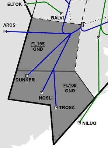7.2.1 Sektorer I det här avsnittet följer en beskrivning och en illustrering av varje sektors ansvarsområde. 7.2.1.1 SW TMA:ts sydvästra sektor, SW, finns markerad i Figur 11 och sträcker sig från marken till TMA:ts översida.