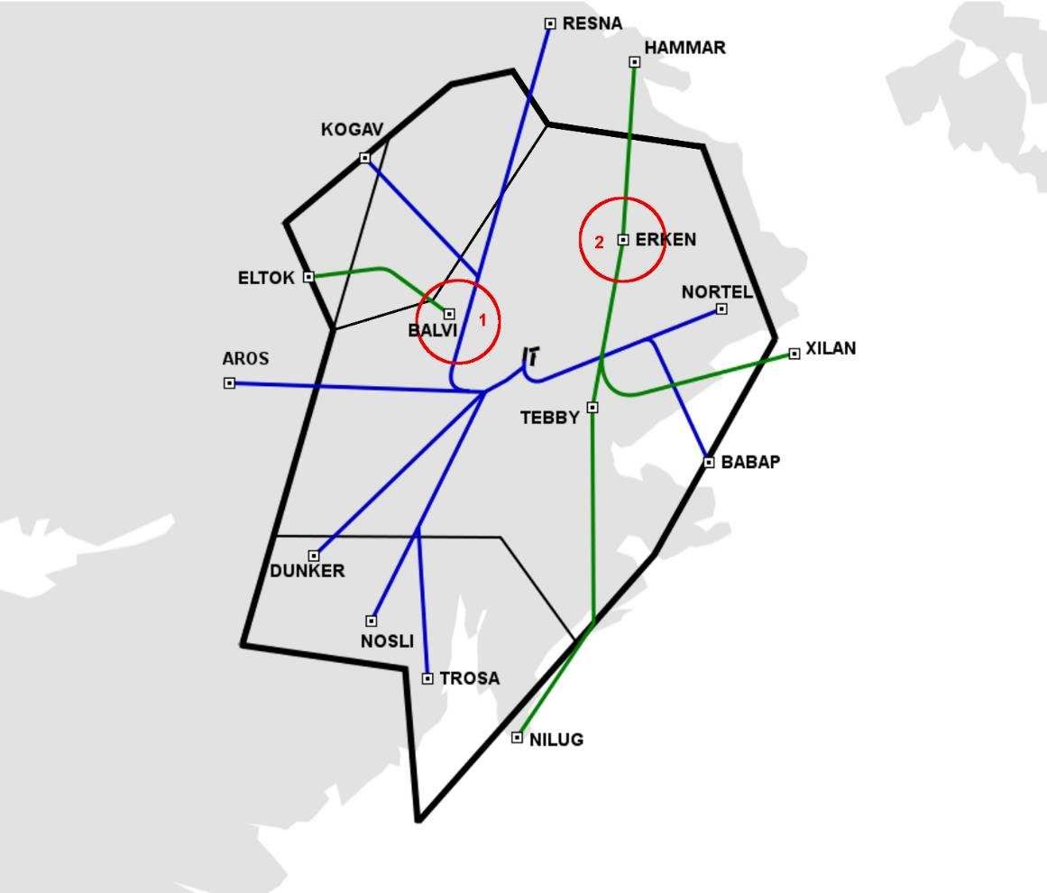 Figur 23. Korsningar i Stockholm TMA. Baserad på LFV (2016a) och LFV (2016b). De korsningar som behöver övervakas har markerats med röda ringar och numrerats i rött.