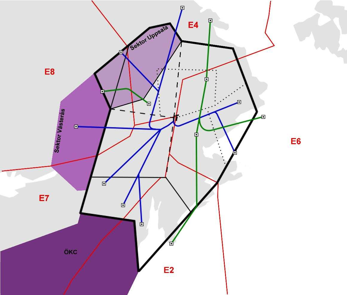 8.1.4 KPI 4: Antal angränsande sektorer utanför TMA:t För att underlätta utvärderingen av KPI 4 illustreras i Figur 24 de sektorer som angränsar till TMA:t.