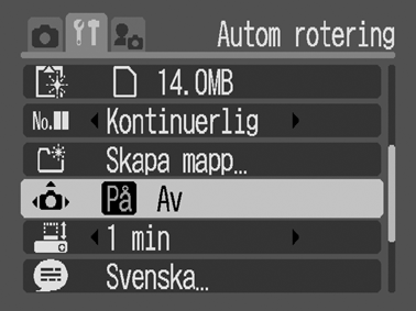 Ställa in funktionen för automatisk rotering Fotografering Uppspelning Kameran är utrustad med en intelligent orienteringssensor som läser av orienteringen för en bild som tas med kameran vertikalt,