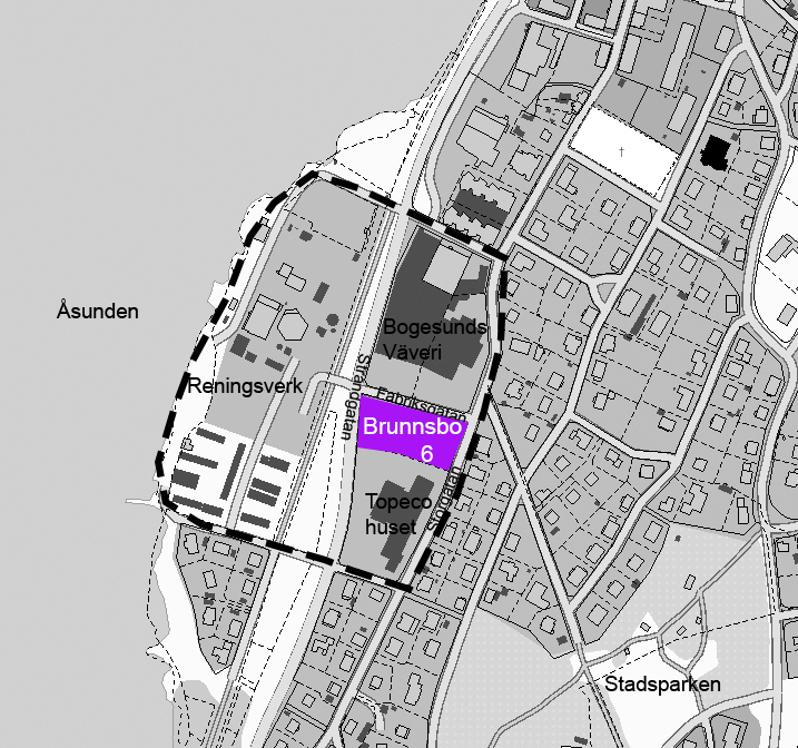 KS Dnr: 2016/226 2016-07-15 2 (5) Figur 1: Översiktskarta. I närheten av Brunnsbo 6 ligger Reningsverket, Bogesunds Väveri och Topecohuset. Samtliga verksamheter är pågående.