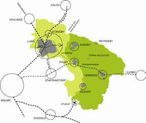 FRAMTIDENS SUPERBUSSTRÅK GENOM SKÅNE (Iu: C & Mö ILLUSTRATION AV BYTESPUNKT INFÖR KOMMANDE SUPERBUSS I KNISLINGE, ÖSTRA GÖINGE KOMMUN TÄNK TÅG - KÖR BUSS K ubu b å j bu å b.