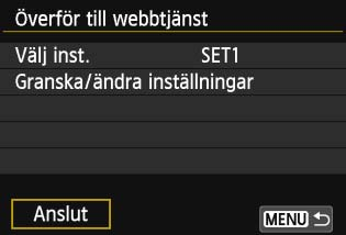 Återansluta Du kan återansluta kameran till en webbtjänst som du har sparat anslutningsinställningar för. Anslutningen till åtkomstpunkten behöver bara upprättas en gång.