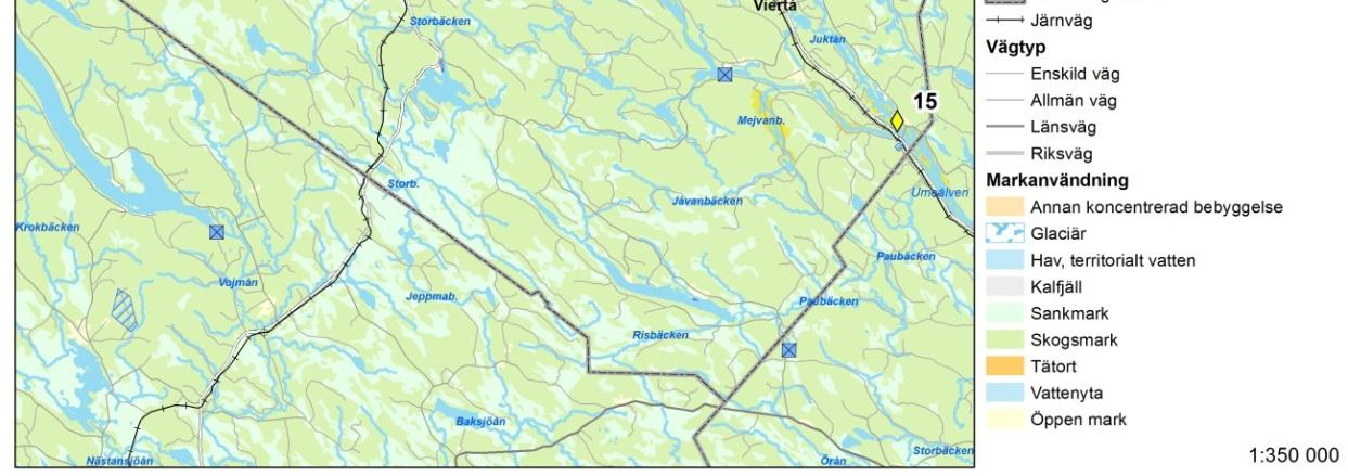 Figur 1. Punkterna visar både klimatrelaterade händelser eller platser som är sårbara i dagens samhälle och risker i ett förändrat klimat i västra delen av kommunen.