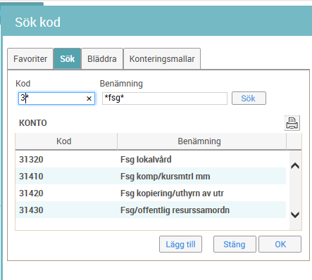 12(48) Via fliken Sök kan objekt sökas upp med hjälp av urval på kod och benämning. Via knappen Lägg till sparas markerad koddel till fliken favoriter.