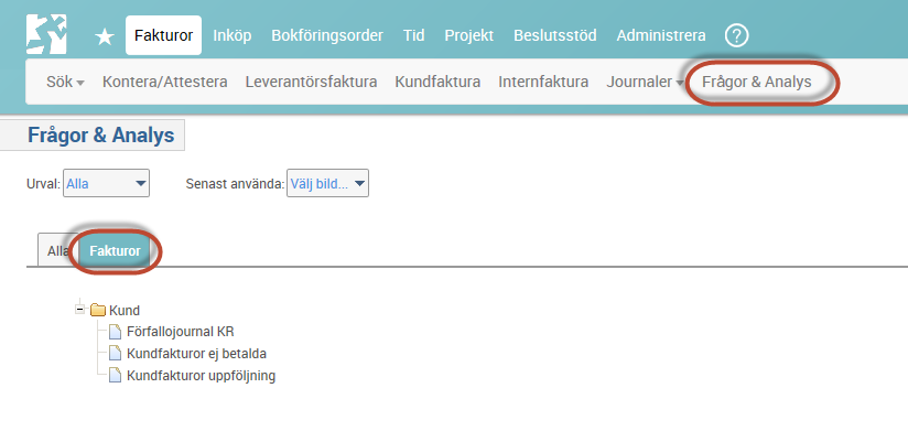 29(48) Resultatet visas på skärmen och ser ut såhär: 1.9.3 Frågor & Analys Under Fakturor/Frågor & Analys finns tre uppföljningsrapporter för kundreskontra, Förfallojournal KR, Kundfakturor ej betalda och Kundfakturor uppföljning.