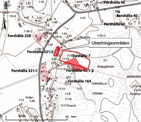 Råssbyn 7 Figur 3. Översikt över undersökningsområdet med fornlämningarna markerade. skala 1:10 000. Godkänd ur sekretessynpunkt för spridning. Lantmäteriverket 2007-08-10. Dnr 601-2007/1402.