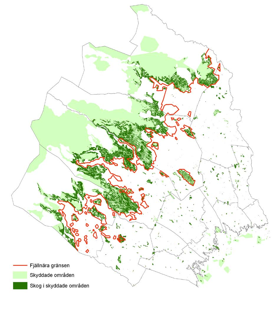 Figur 2. Karta som visar skog enligt vägkartan i formellt skyddade områden i länet 2012-01-01. Källa: Länsstyrelsen i Norrbottens län och Lantmäteriets vägkarta.