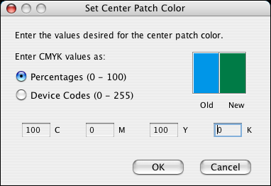 SPOT-ON 78 3 Klicka på färgprovet i mitten. Dialogrutan Set Center Patch Color (Ange färg på färgprov i mitten) visas. 4 Skriv värden för alla C-, M-, Y- och K-färgkanaler.