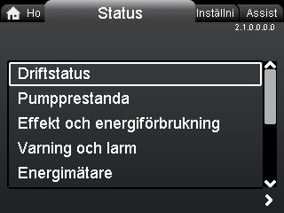 Menyn "Home" (fabriksinställning) Genväg till inställning av reglertyp Genväg till inställning av börvärde Flöde Lyfthöjd.
