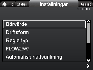 12. Menyn "Inställningar" 12.2 Driftsform 3.1.0.0.0.0 Inställningar 3.1.2.0.0.0 Driftsform Svenska (SE) Navigering Home > Inställningar Tryck på och gå till menyn "Inställningar" med.