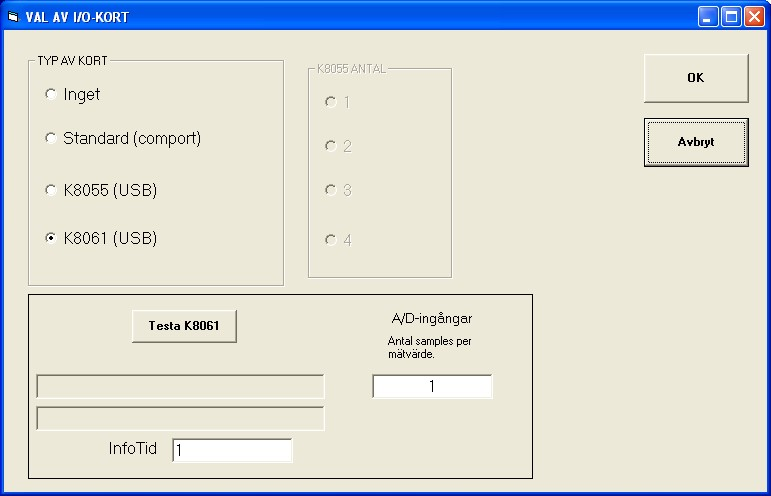 Markera alternativet K8061 Klicka på knappen Testa K8061 för att se om kortet fungerar.