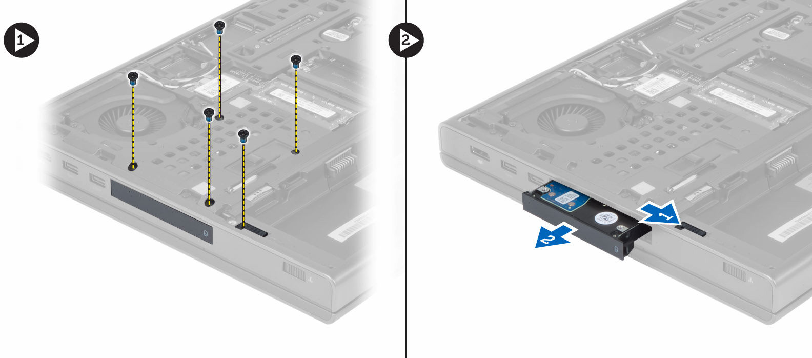 Ta bort Hård -disken 1. Följ anvisningarna i Innan du arbetar inuti datorn. 2. Ta bort: a. batteriet b. kåpan 3. Ta bort skruvarna som håller fast hård -disken i datorn.