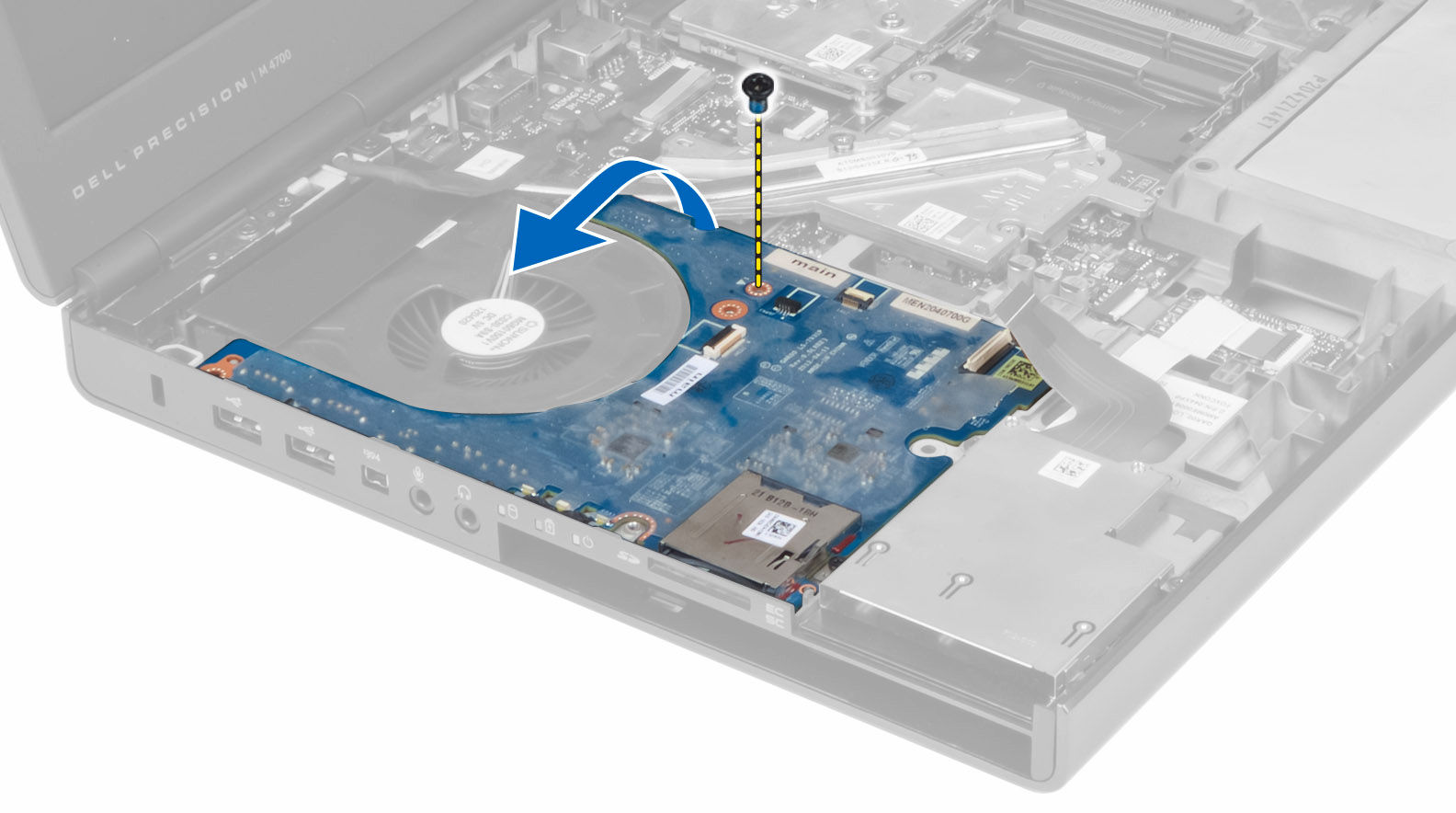 Installera I/O-kortet 1. Anslut I/O-kortkontakten och skjut in I/O-kortet i datorn. 2. Dra åt skruven som håller fast I/O-kortet i datorn. 3. Anslut ExpressCard-modulkontakten till I/O-kortet. 4.