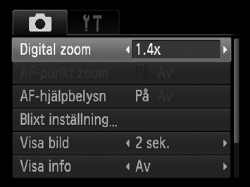 Zooma in närmare på motiv (Digital zoom) Stänga av den digitala zoomen Tryck på n-knappen, välj 4-fliken och sedan alternativet [Av] för [Digital zoom] när du vill stänga av den digitala zoomen.