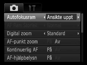 Ändra inställningen för autofokusram Du kan anpassa kameran till fotografering av olika motiv genom att använda olika autofokusramar. Välj [Autofokusram].