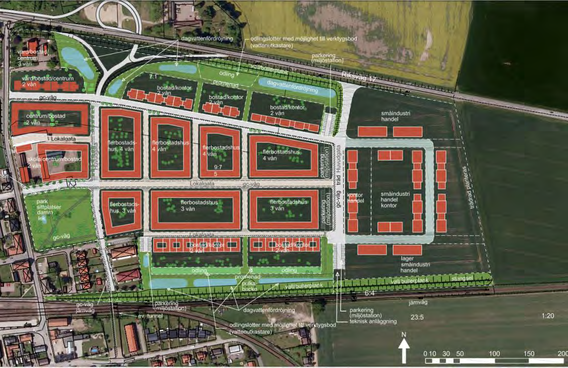 LANDSKAPSUTFORMNING Planområdet består idag utav åkermark. Området är relativt plant med höjdpunkter i nordvästra och sydöstra hörnet och med en lågpunkt i sydvästra hörnet.