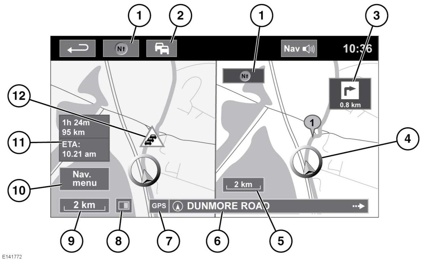 Navigationssystem DELAD KARTSKÄRM 1. Kompass (visar alltid norr). Tryck för att välja norr uppåt, riktning uppåt eller fågelperspektiv på kartan. 2. TMC (Trafikmeddelandekanal)-signal.