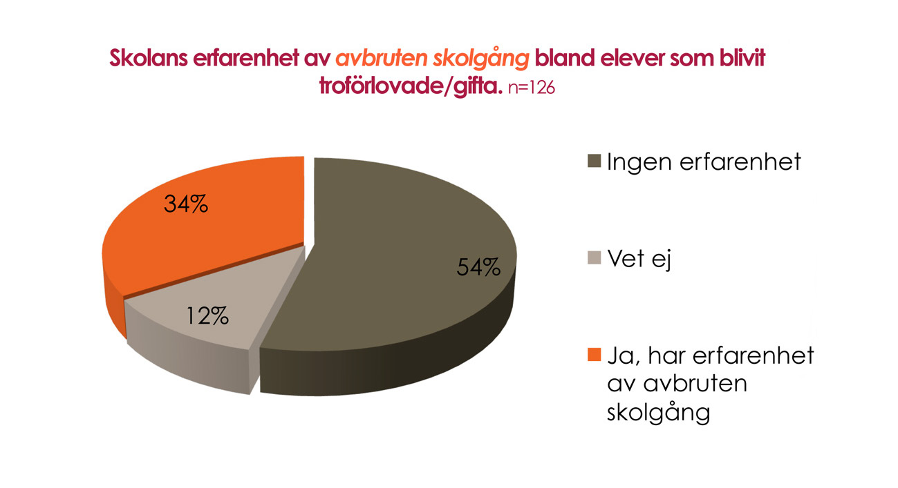 Personalen fick ta ställning till två frågor Har du erfarenhet av att elev/elever efter förlovning/giftermål slutar att komma till skolan regelbundet och/eller hoppar av skolan och Har du erfarenhet