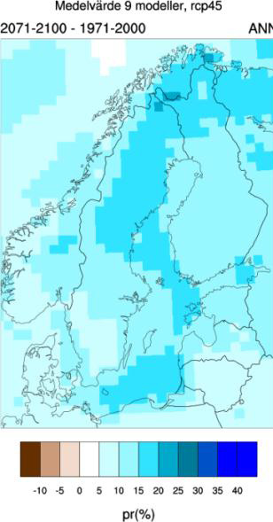 Figur 1. Beräknad förändring av årsnederbörd (procent) för perioden 2071-2100 jämfört med 1971-2000. Kartorna representerar medelvärden av nio (RCP4,5 och RCP8,5) olika regionala klimatscenarier.