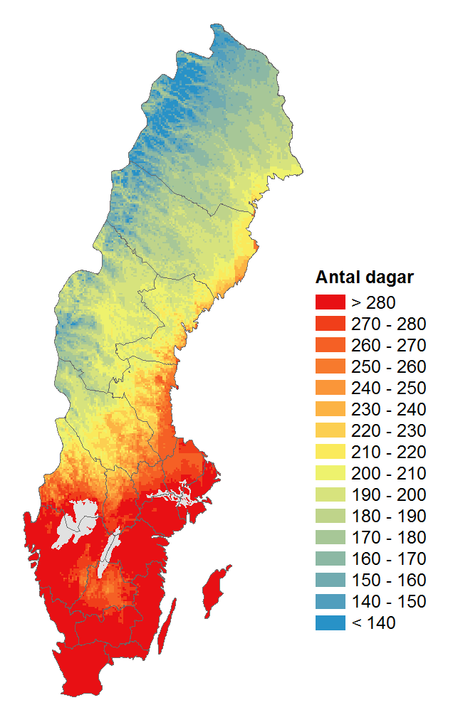 Figur 2. Växtsäsongens längd i Sverige perioden år 2069-2098 T.v. referensperioden 1991-2013.